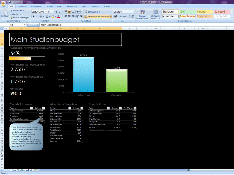 Studienbudget 2 Excel Vorlage