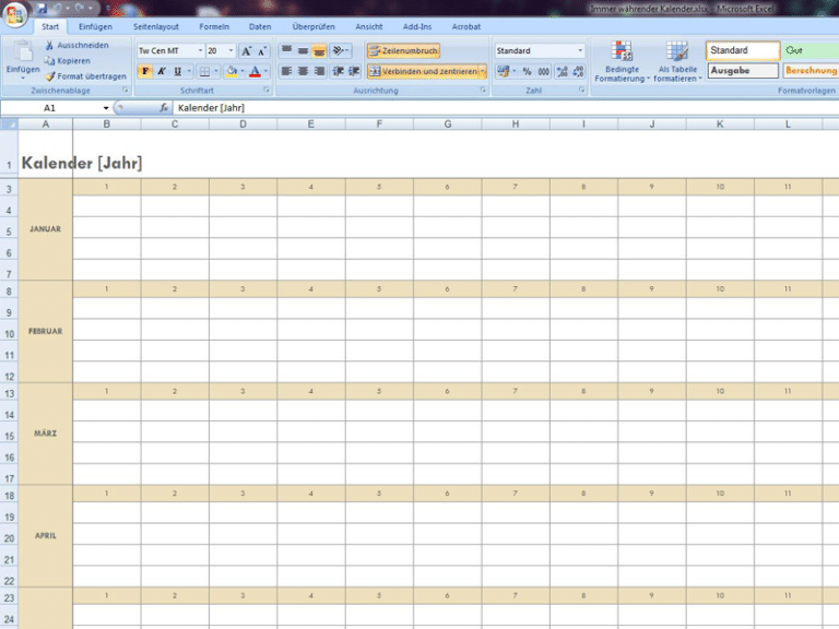 Jahreskalender 2025 Excel Vorlage kostenlos downloaden