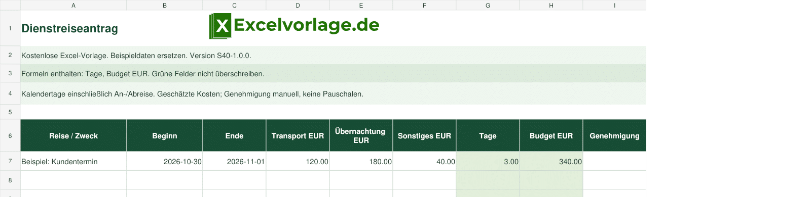 Dienstreiseantrag 2 Dienstreiseantrag: echte Excel-Vorschau mit Beispieldaten und grünen Formelbereichen