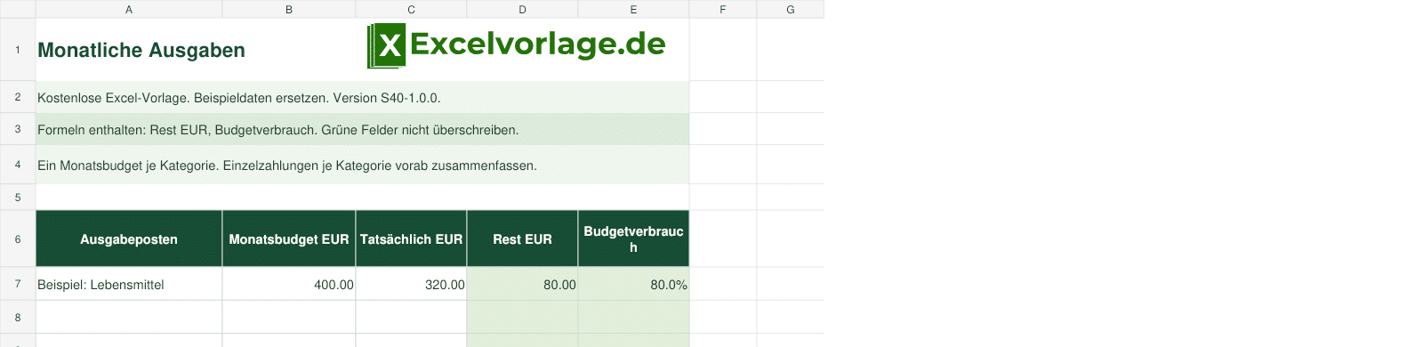 Monatliche Ausgaben 2 Monatliche Ausgaben: echte Excel-Vorschau mit Beispieldaten und grünen Formelbereichen