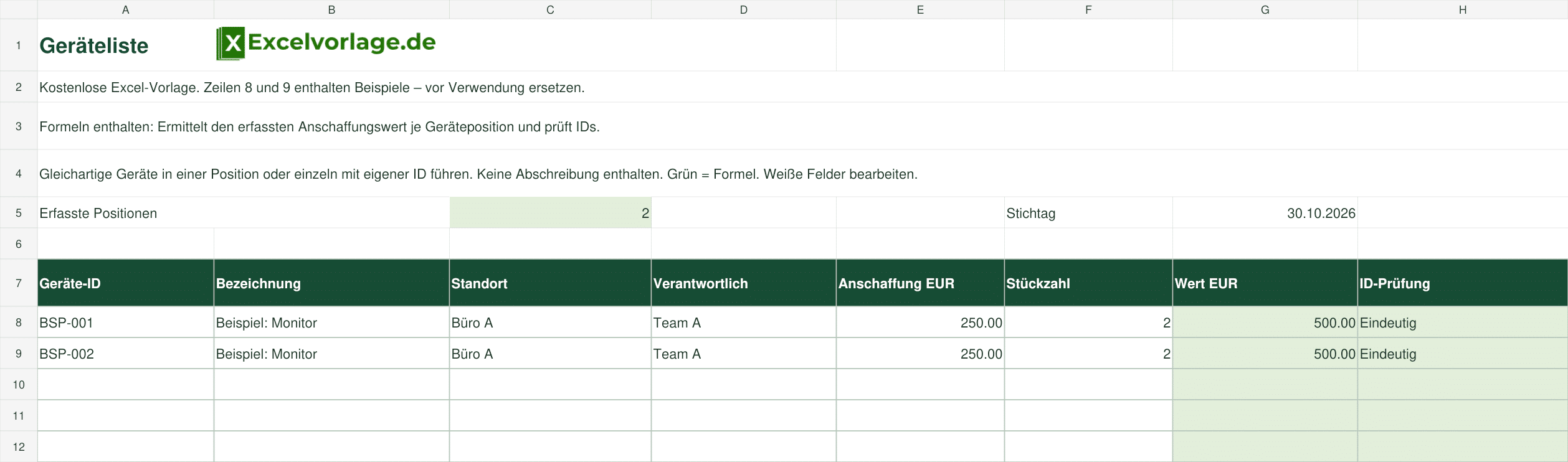 Geräteliste 2 Geräteliste: echte Excel-Vorschau mit Geräte-ID, Bezeichnung, Standort und grünen Formelspalten
