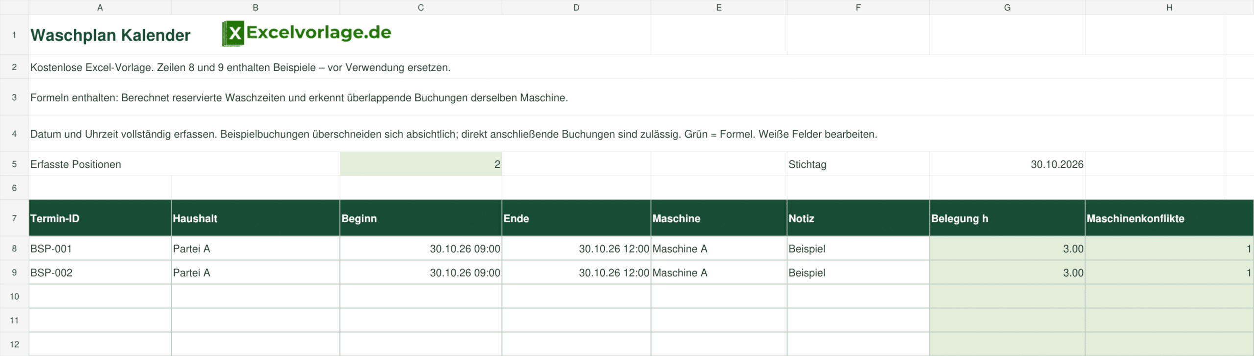 Waschplan Kalender 2 Waschplan Kalender: echte Excel-Vorschau mit Termin-ID, Haushalt, Beginn und grünen Formelspalten