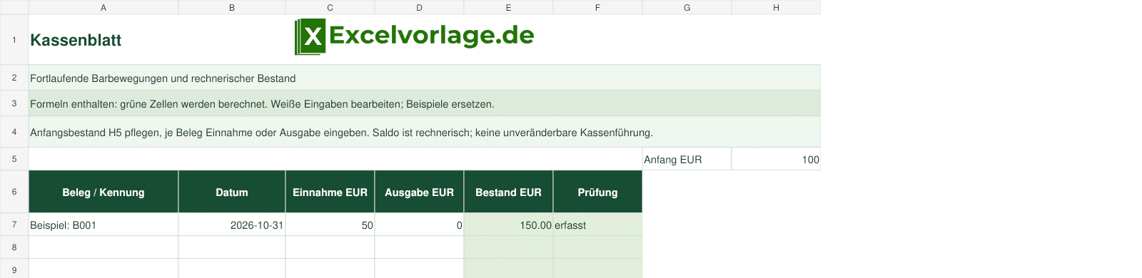 Kassenblatt 2 Kassenblatt: echte Dateivorschau mit Original-Logo und gekennzeichneten Beispielen