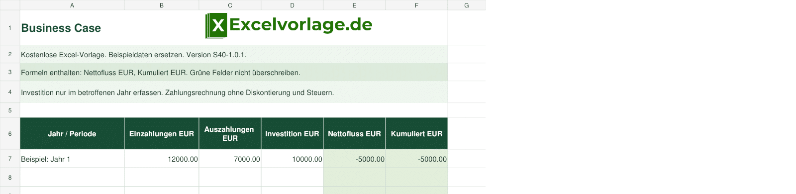 Business Case 2 Business Case: echte Excel-Vorschau mit Beispieldaten und grünen Formelbereichen