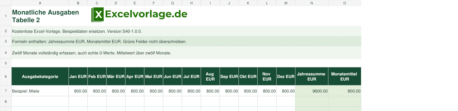 Monatliche Ausgaben Tabelle 2 2 Monatliche Ausgaben Tabelle 2: echte Excel-Vorschau mit Beispieldaten und grünen Formelbereichen