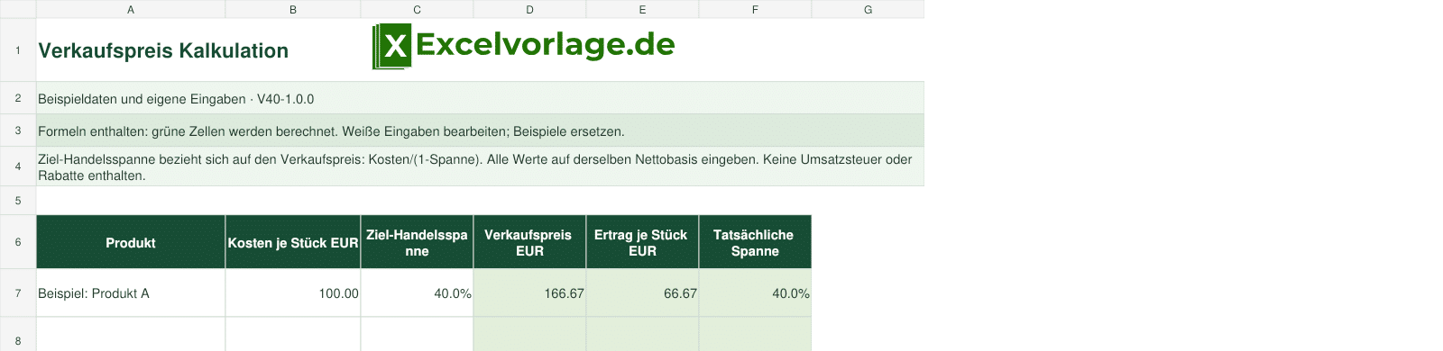 Verkaufspreis Kalkulation 2 Verkaufspreis Kalkulation: echte Dateivorschau mit Original-Logo und gekennzeichneten Beispielen