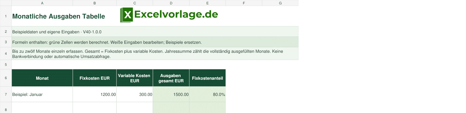Monatliche Ausgaben Tabelle 2 Monatliche Ausgaben Tabelle: echte Dateivorschau mit Original-Logo und gekennzeichneten Beispielen