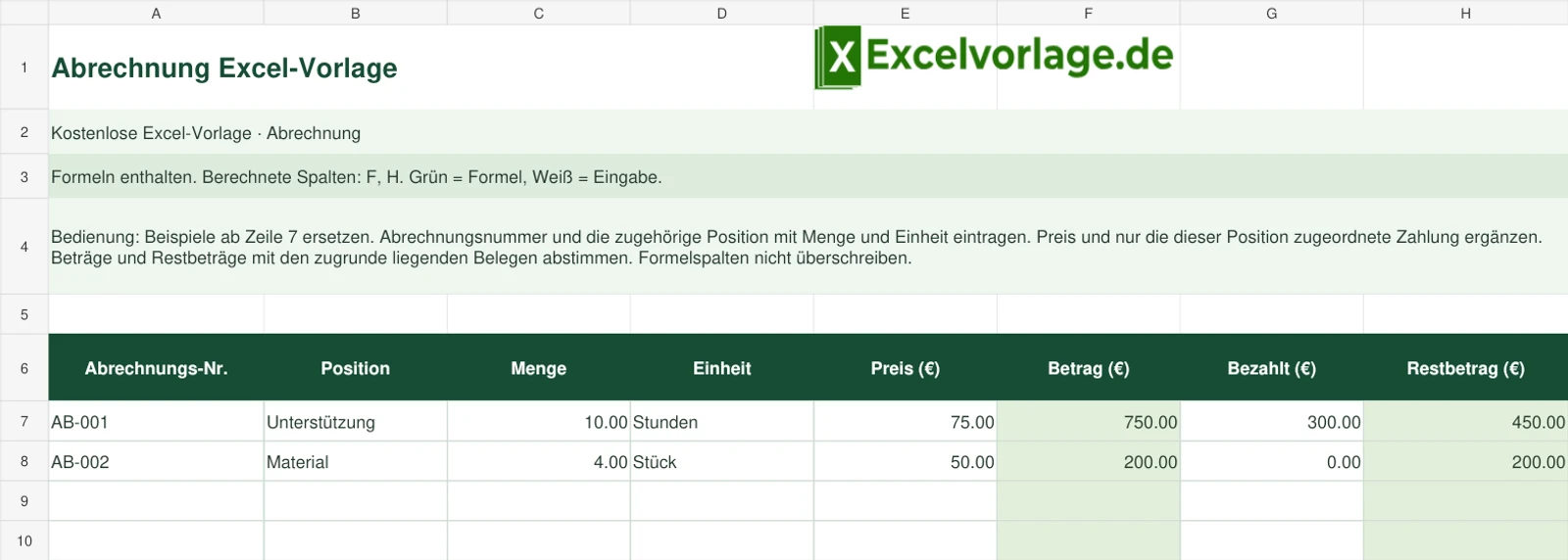 Abrechnung 2 Abrechnung-Excel-Vorlage mit Logo, sichtbarem Zellraster, Beispieldaten und grün markierten Formelspalten.