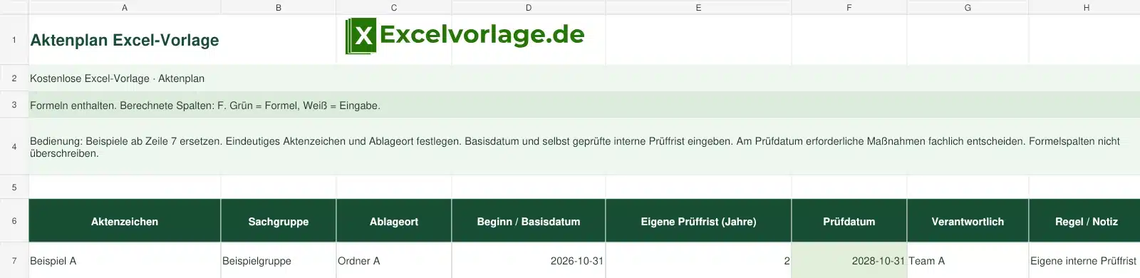 Aktenplan 2 Aktenplan-Excel-Vorlage mit Logo, sichtbarem Zellraster, Beispieldaten und grün markierten Formelspalten.