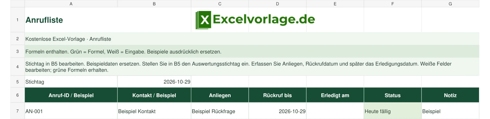 Anrufliste 2 Anrufliste – echte Ansicht der finalen Excel-Datei mit Original-Logo, Zellraster und grünen Formelbereichen.