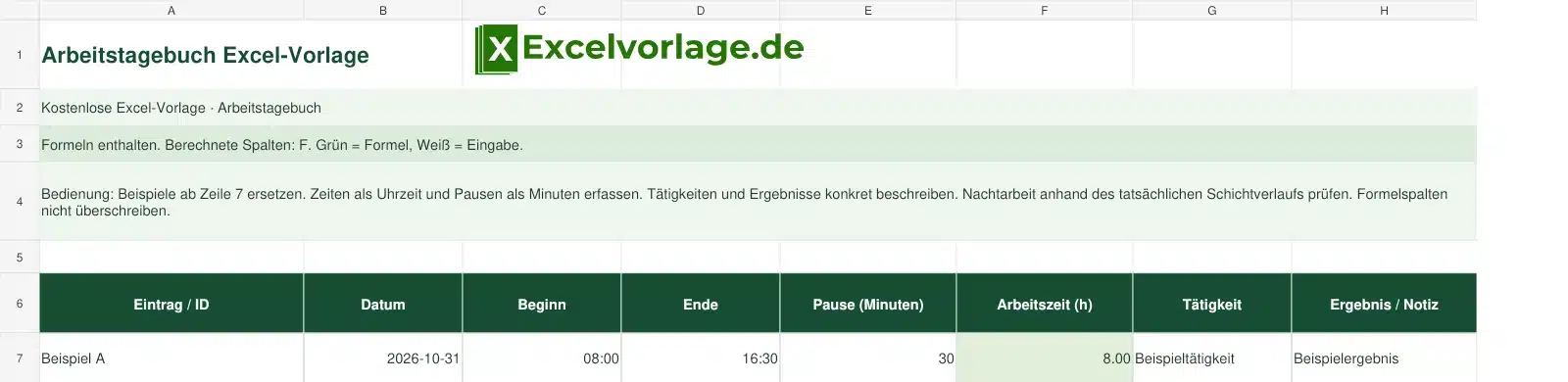 Arbeitstagebuch 2 Arbeitstagebuch-Excel-Vorlage mit Logo, sichtbarem Zellraster, Beispieldaten und grün markierten Formelspalten.