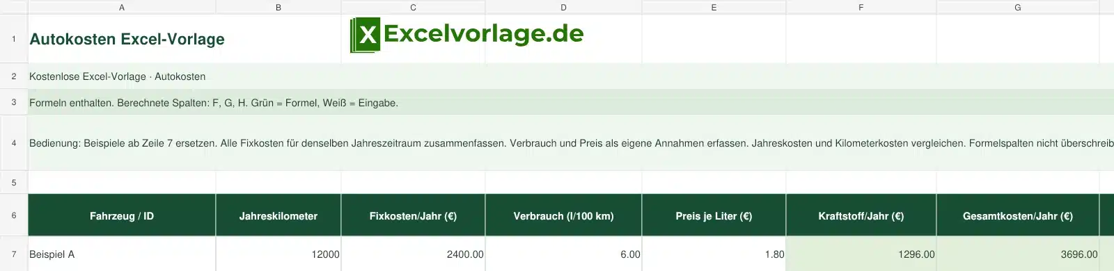 Autokosten 2 Autokosten-Excel-Vorlage mit Logo, sichtbarem Zellraster, Beispieldaten und grün markierten Formelspalten.