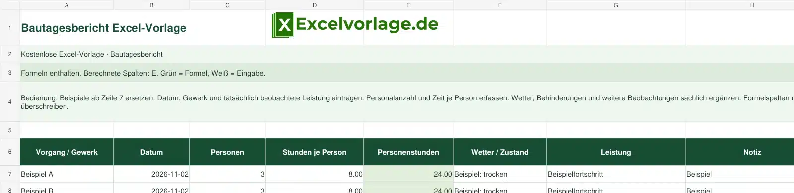 Bautagesbericht 2 Bautagesbericht-Excel-Vorlage mit Logo, sichtbarem Zellraster, Beispieldaten und grün markierten Formelspalten.