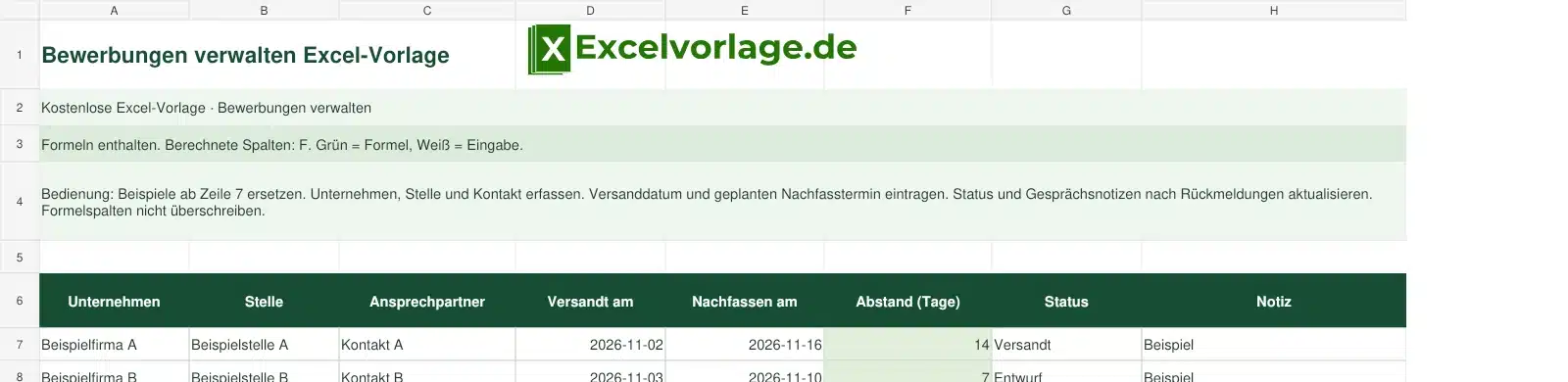 Bewerbungen verwalten 2 Bewerbungen verwalten-Excel-Vorlage mit Logo, sichtbarem Zellraster, Beispieldaten und grün markierten Formelspalten.