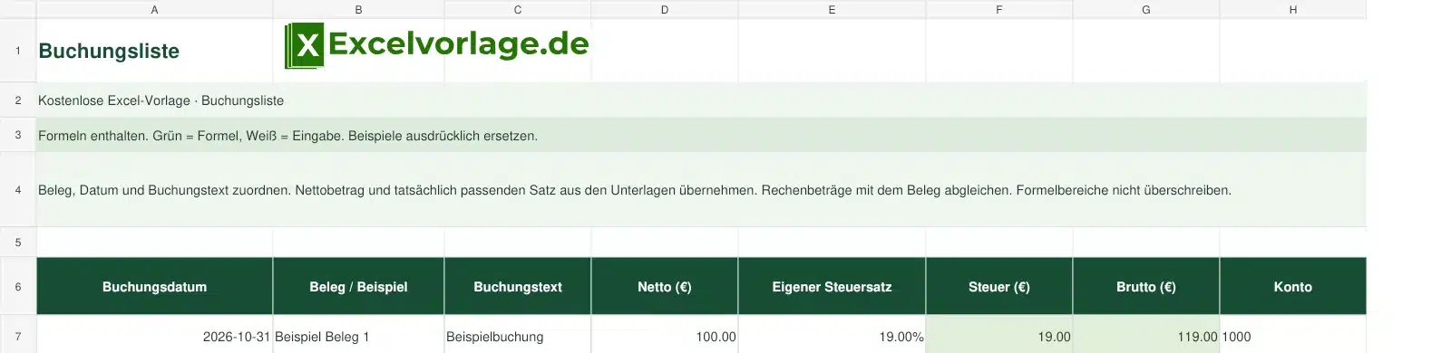 Buchungsliste 2 Buchungsliste – echte Ansicht der finalen Excel-Datei mit Original-Logo, Zellraster und grünen Formelbereichen.