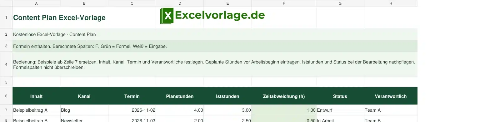Content Plan 2 Content Plan-Excel-Vorlage mit Logo, sichtbarem Zellraster, Beispieldaten und grün markierten Formelspalten.
