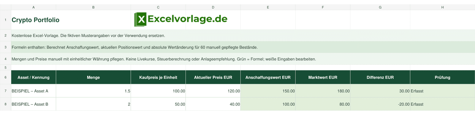 Crypto Portfolio 2 Crypto Portfolio – echte Vorschau der Excel-Vorlage