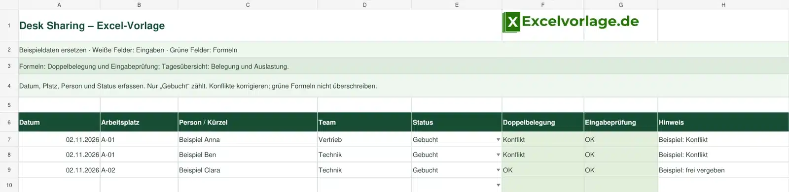 Desk Sharing Excel-Vorlage kostenlos herunterladen 2 Desk-Sharing-Excel-Vorlage mit großem Original-Logo, Buchungen und Doppelbelegungsprüfung