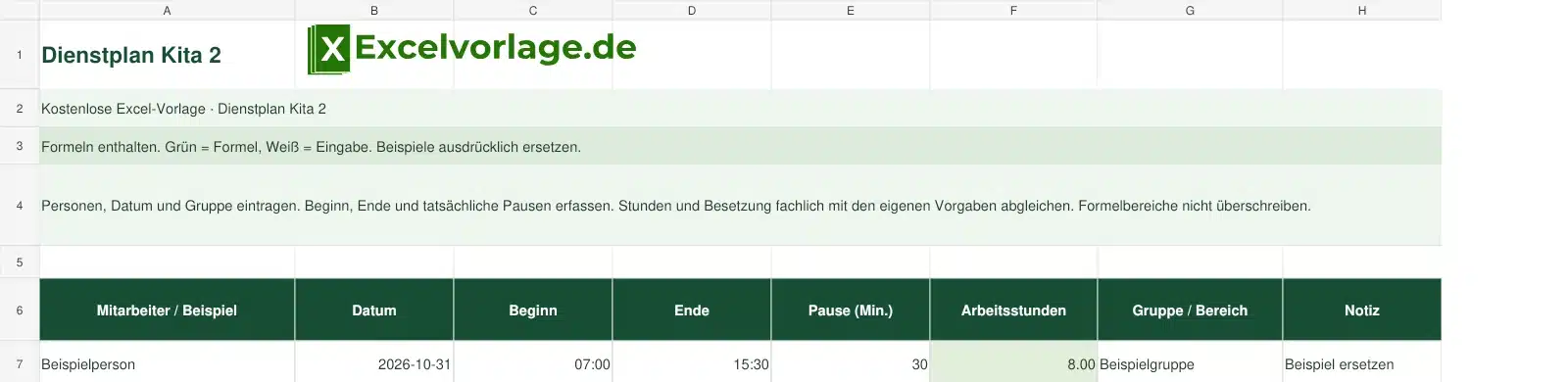 Dienstplan Kita 2 2 Dienstplan Kita 2 – echte Ansicht der finalen Excel-Datei mit Original-Logo, Zellraster und grünen Formelbereichen.