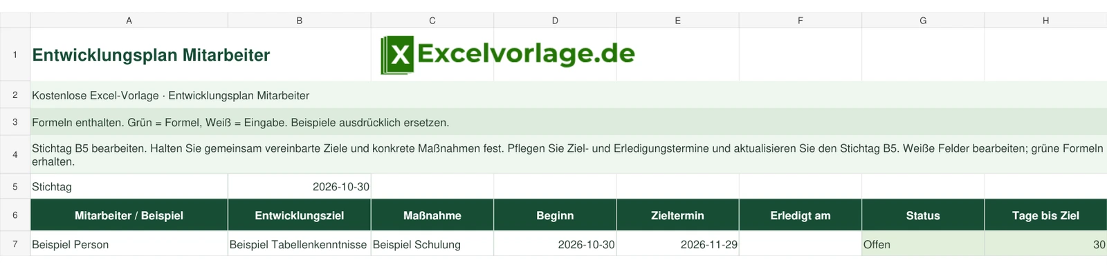 Entwicklungsplan Mitarbeiter 2 Entwicklungsplan Mitarbeiter – echte Ansicht der finalen Excel-Datei mit Original-Logo, Zellraster und grünen Formelbereichen.