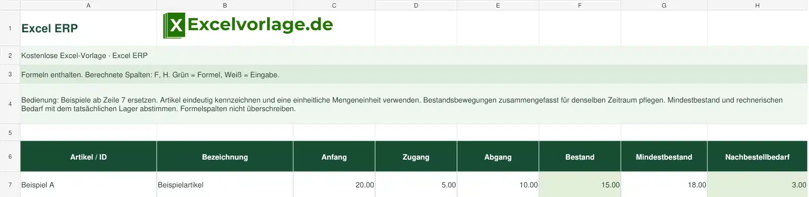 Excel ERP 2 Excel ERP-Excel-Vorlage mit Logo, sichtbarem Zellraster, Beispieldaten und grün markierten Formelspalten.
