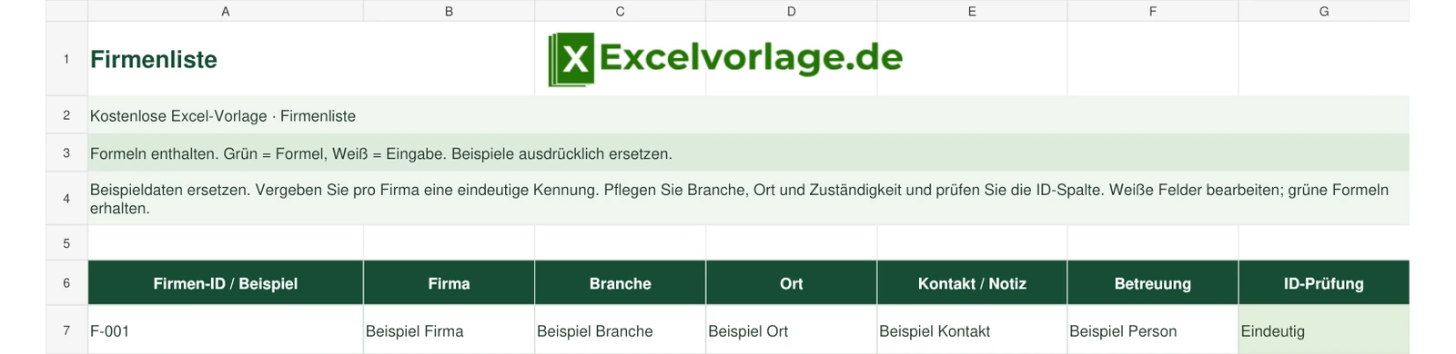 Firmenliste 2 Firmenliste – echte Ansicht der finalen Excel-Datei mit Original-Logo, Zellraster und grünen Formelbereichen.