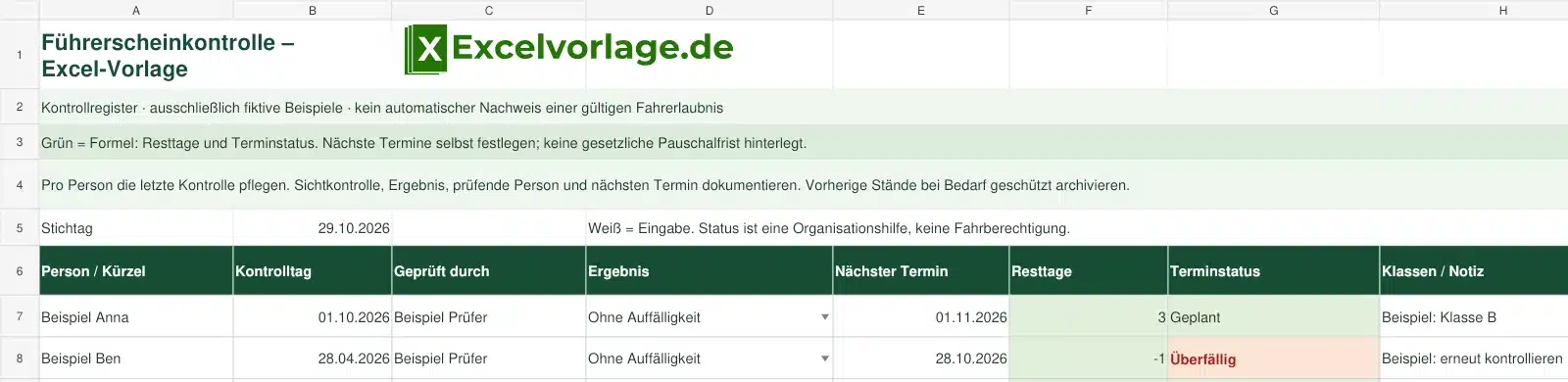 Führerscheinkontrolle 2 Führerscheinkontrolle Excel-Vorlage mit kompaktem Titel und vollständig sichtbarem Logo