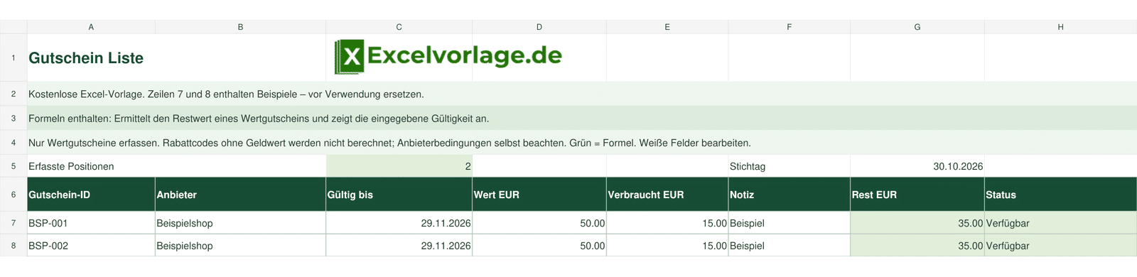 Gutschein Liste 2 Gutschein Liste: echte Tabellenansicht mit Gutschein-ID, Anbieter, Gültig bis, Wert EUR, Verbraucht EUR, Notiz, Rest EUR, Status und grünen Formeln