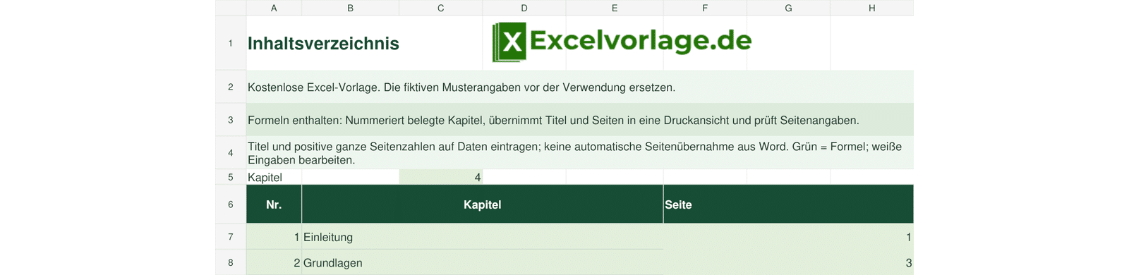 Inhaltsverzeichnis 2 Inhaltsverzeichnis: echte Excel-Ansicht der Datei mit Original-Logo, weißen Eingabefeldern und grünen Formelbereichen