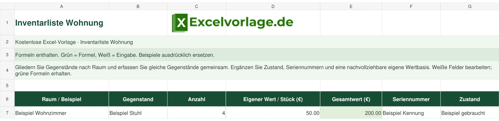 Inventarliste Wohnung 2 Inventarliste Wohnung – echte Ansicht der finalen Excel-Datei mit Original-Logo, Zellraster und grünen Formelbereichen.