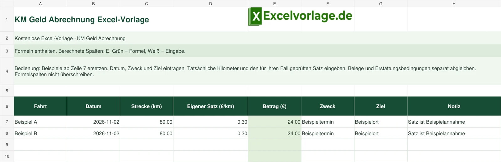 KM Geld Abrechnung 2 KM Geld Abrechnung-Excel-Vorlage mit Logo, sichtbarem Zellraster, Beispieldaten und grün markierten Formelspalten.