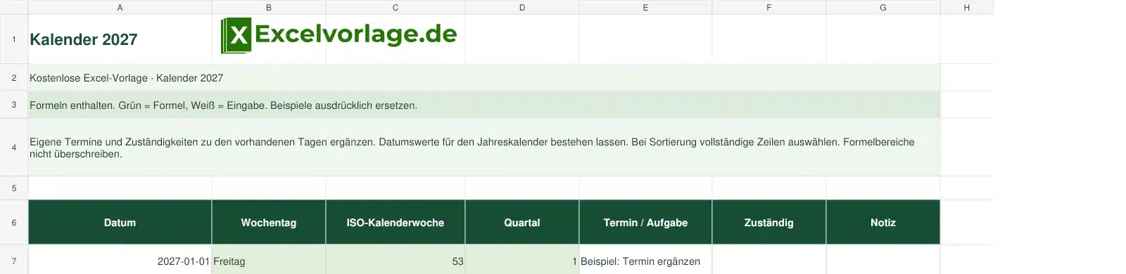 Kalender 2027 2 Kalender 2027 – echte Ansicht der finalen Excel-Datei mit Original-Logo, Zellraster und grünen Formelbereichen.