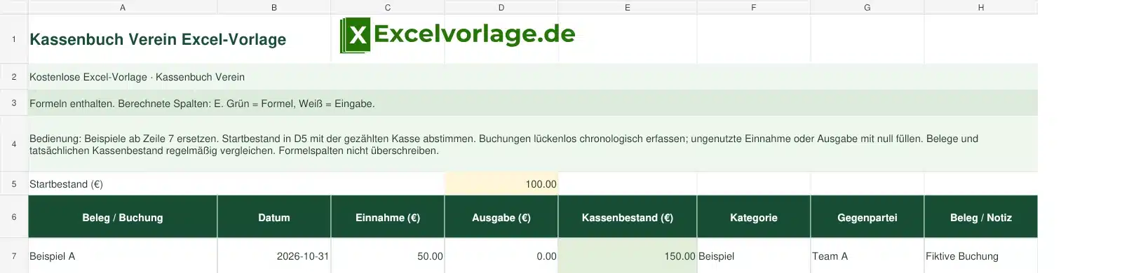 Kassenbuch Verein 2 Kassenbuch Verein-Excel-Vorlage mit Logo, sichtbarem Zellraster, Beispieldaten und grün markierten Formelspalten.