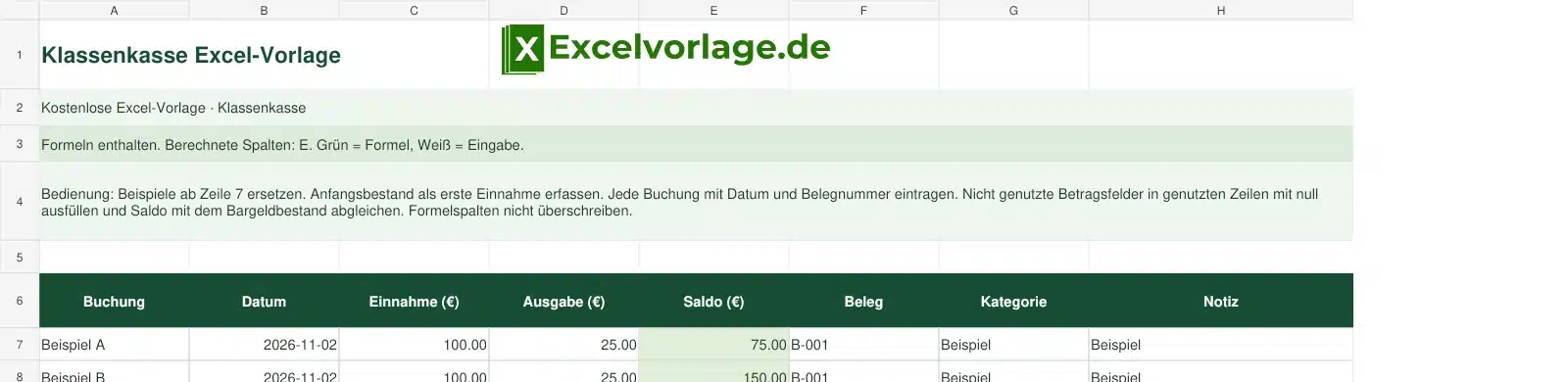 Klassenkasse 2 Klassenkasse-Excel-Vorlage mit Logo, sichtbarem Zellraster, Beispieldaten und grün markierten Formelspalten.