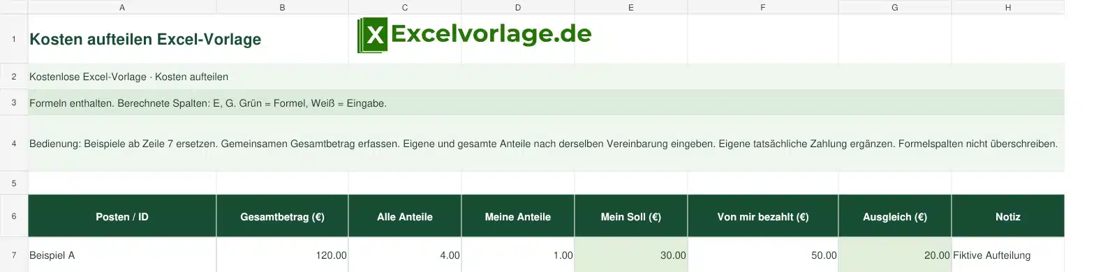 Kosten aufteilen 2 Kosten aufteilen-Excel-Vorlage mit Logo, sichtbarem Zellraster, Beispieldaten und grün markierten Formelspalten.