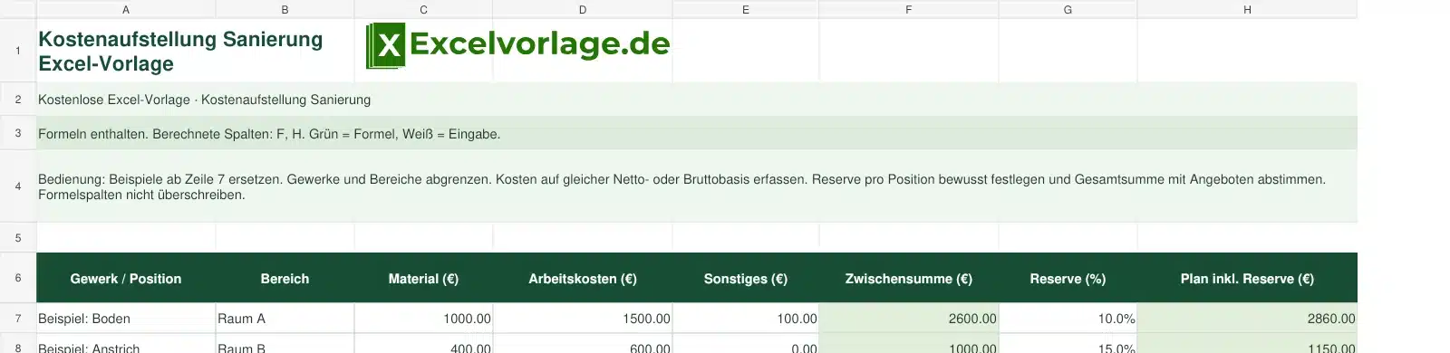 Kostenaufstellung Sanierung 2 Kostenaufstellung Sanierung-Excel-Vorlage mit Logo, sichtbarem Zellraster, Beispieldaten und grün markierten Formelspalten.