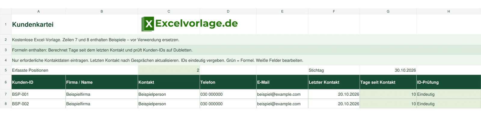 Kundenkartei 2 Kundenkartei: echte Tabellenansicht mit Kunden-ID, Firma / Name, Kontakt, Telefon, E-Mail, Letzter Kontakt, Tage seit Kontakt, ID-Prüfung und grünen Formeln
