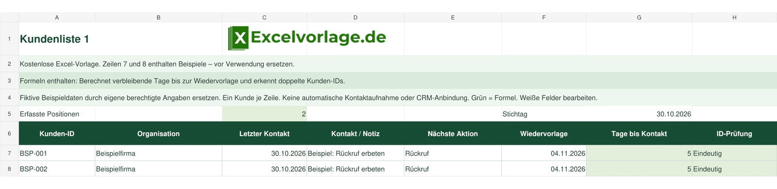 Kundenliste 1 2 Kundenliste 1: echte Excel-Tabelle mit Kunden-ID, Organisation, Letzter Kontakt, Kontakt / Notiz, Nächste Aktion, Wiedervorlage, Tage bis Kontakt, ID-Prüfung und grünen Formelspalten