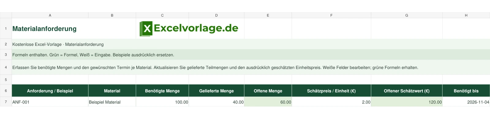 Materialanforderung 2 Materialanforderung – echte Ansicht der finalen Excel-Datei mit Original-Logo, Zellraster und grünen Formelbereichen.