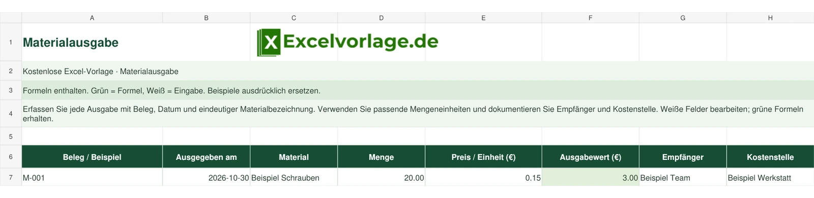 Materialausgabe 2 Materialausgabe – echte Ansicht der finalen Excel-Datei mit Original-Logo, Zellraster und grünen Formelbereichen.