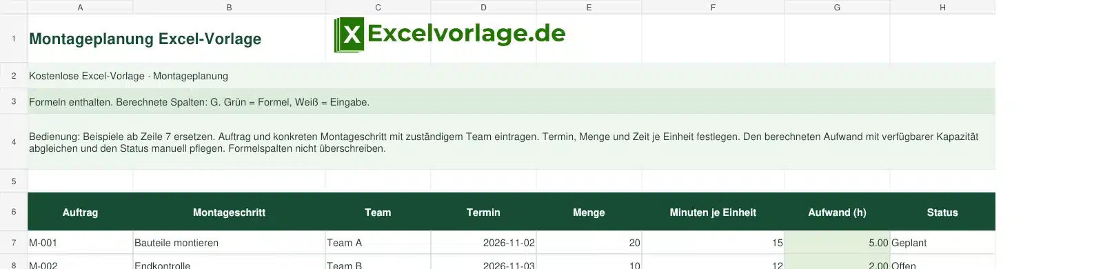 Montageplanung 2 Montageplanung-Excel-Vorlage mit Logo, sichtbarem Zellraster, Beispieldaten und grün markierten Formelspalten.