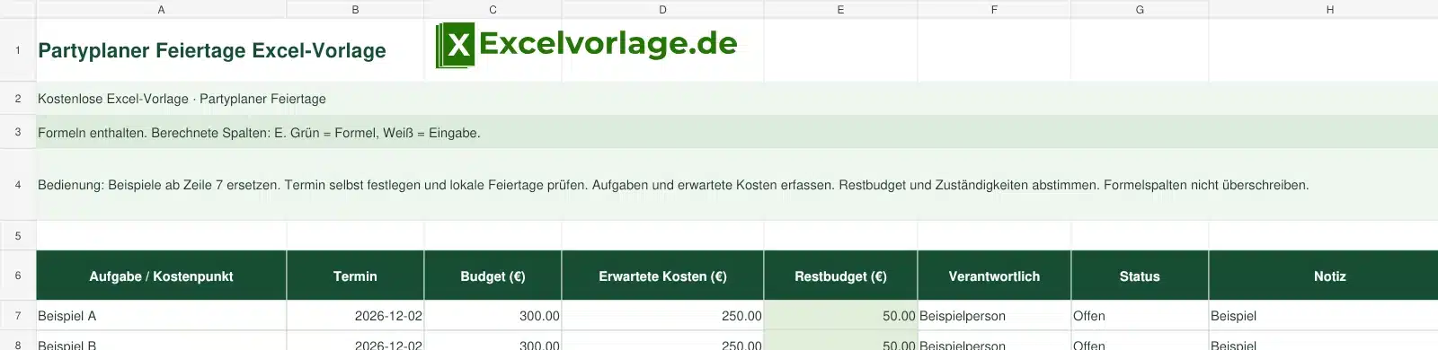 Partyplaner Feiertage 2 Partyplaner Feiertage-Excel-Vorlage mit Logo, sichtbarem Zellraster, Beispieldaten und grün markierten Formelspalten.