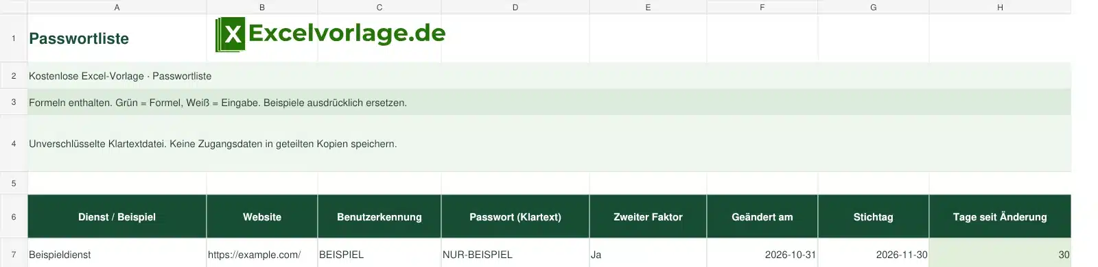 Passwortliste 2 Passwortliste – echte Ansicht der finalen Excel-Datei mit Original-Logo, Zellraster und grünen Formelbereichen.