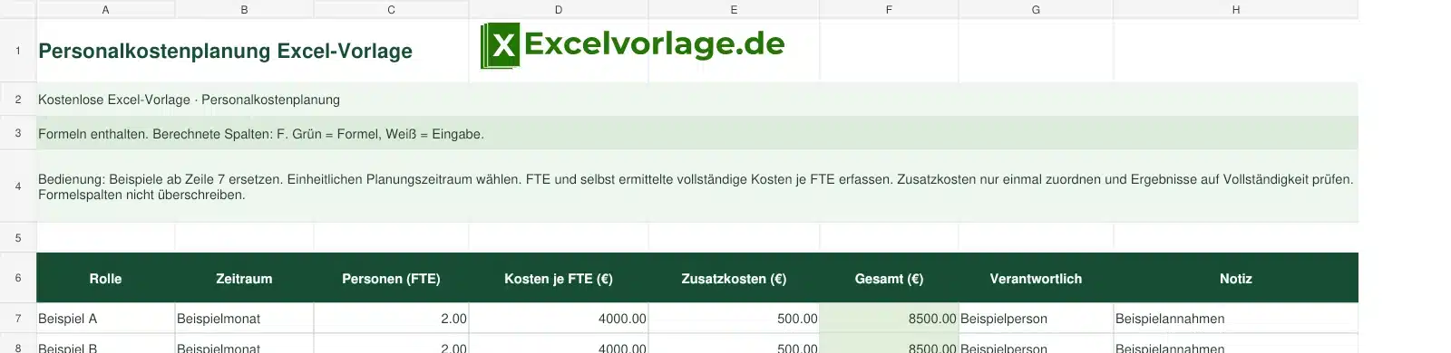 Personalkostenplanung 2 Personalkostenplanung-Excel-Vorlage mit Logo, sichtbarem Zellraster, Beispieldaten und grün markierten Formelspalten.