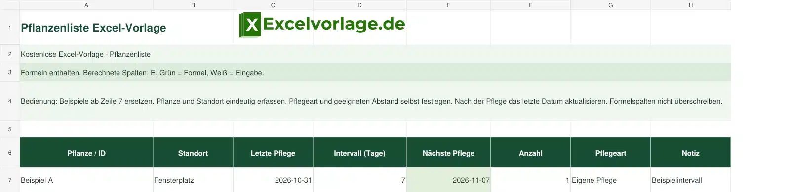 Pflanzenliste 2 Pflanzenliste-Excel-Vorlage mit Logo, sichtbarem Zellraster, Beispieldaten und grün markierten Formelspalten.