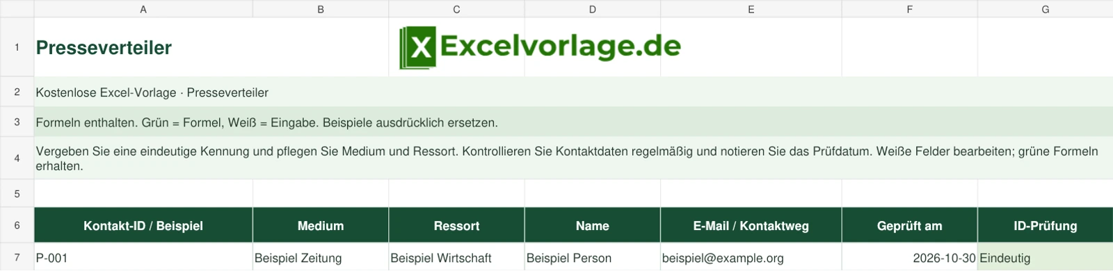 Presseverteiler 2 Presseverteiler – echte Ansicht der finalen Excel-Datei mit Original-Logo, Zellraster und grünen Formelbereichen.