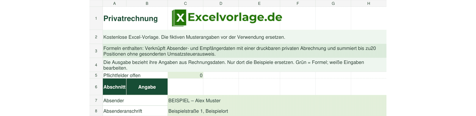 Privatrechnung 2 Privatrechnung – echte Vorschau der Excel-Vorlage