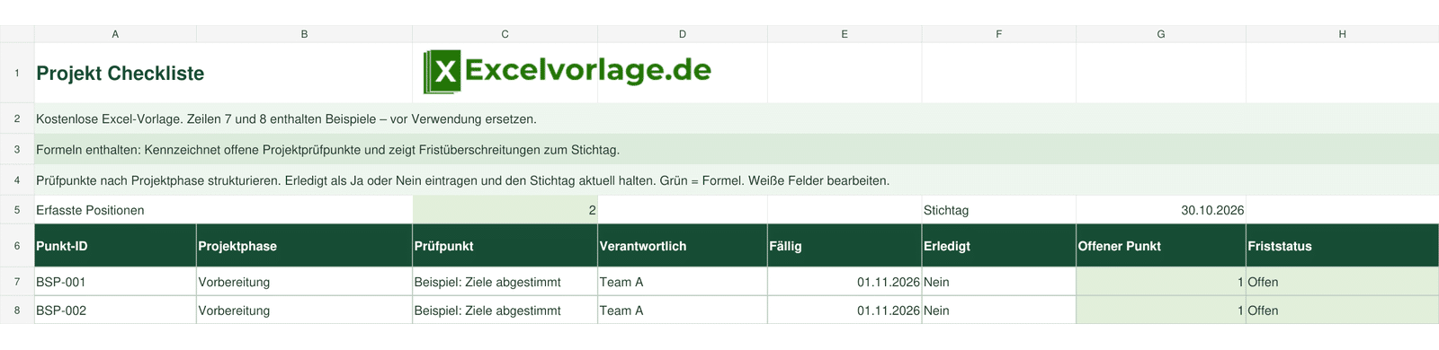 Projekt Checkliste 2 Projekt Checkliste: echte Tabellenansicht mit Punkt-ID, Projektphase, Prüfpunkt, Verantwortlich, Fällig, Erledigt, Offener Punkt, Friststatus und grünen Formeln