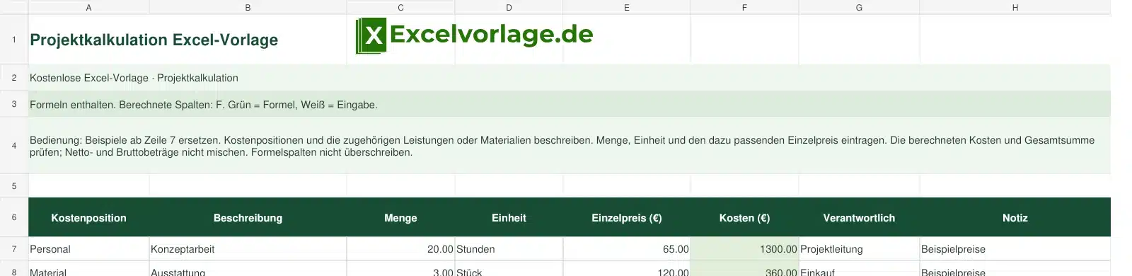 Projektkalkulation 2 Projektkalkulation-Excel-Vorlage mit Logo, sichtbarem Zellraster, Beispieldaten und grün markierten Formelspalten.
