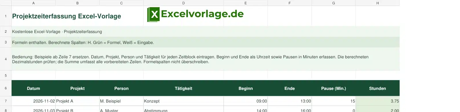 Projektzeiterfassung 2 Projektzeiterfassung-Excel-Vorlage mit Logo, sichtbarem Zellraster, Beispieldaten und grün markierten Formelspalten.